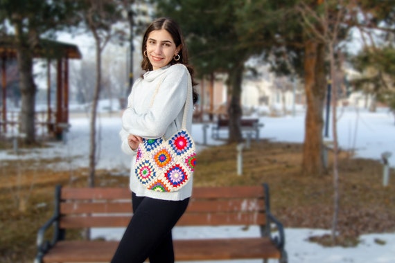 Bolso blanco cuadrado de la abuela bolso de ganchillo afgano bolso de playa de verano bolso vagabundo bolso de ganchillo bolso retro bolso hippie bolso boho estilo vintage Etsy Espana