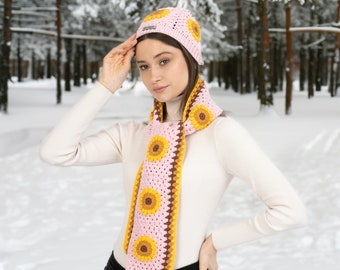 Pink Sunflower Crochet Scarf, Woman Hand Knit Scarf, Hand Knit Scarf, Crochet Woman Scarf, Granny Square Scarf, crochet flower scarf