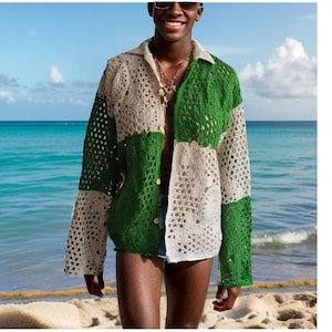 Green Crochet Shirt, Knitted Unisex Shirt, Handmade Long Sleeve Shirt, Crochet Vintage Style Men Shirt
