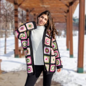 Black Crochet Afghan Cardigan, Granny Square Colorful Jacket, Patchwork Coat, Knitted Crochet Coat, Boho Cardigan, Women Dress