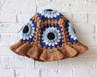 Evil Eye Knitted bucket hat, Granny Square Evil Eye Hat,  Handmade Crochet Hats, Crochet Evil Eye, Summer Hats, crochet beanie