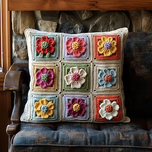 May include: A crocheted pillow with a floral design. The pillow is made up of nine squares, each with a different colored flower. The flowers are in shades of red, pink, yellow, orange, and blue.