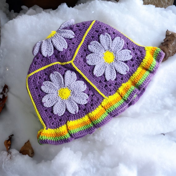 Vintage Purple and Green Hand Knit Bucket Hat Hand Knit Striped Bucket Hat: Neon Green Purple Acrylic  main image 4