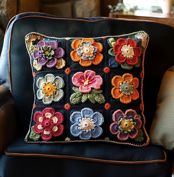 Handmade Black Floral Crochet Pillow, Retro Daisy Flower Cushion