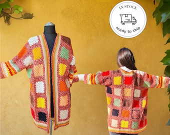 Gestrickte Patchwork Strickjacke, Oma quadratische Jacke, Häkeljacke Frauen, Strickmantel, Strickjacke für Frauen