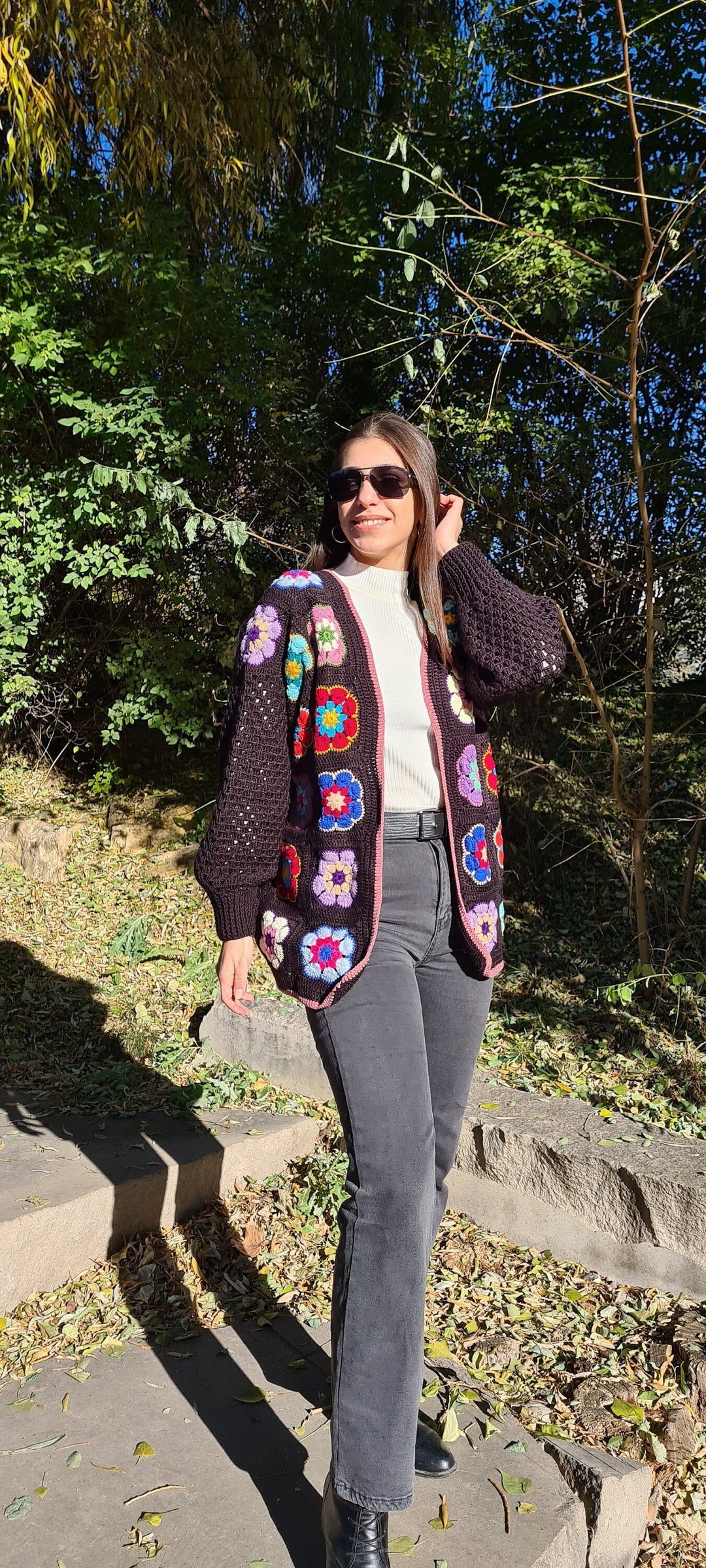 Black Crochet Afghan Cardigan Granny Square Colorful Jacket - Etsy