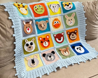 Manta de punto azul para recién nacidos, manta de crochet para animales, manta tejida para recién nacidos con animales, manta tejida colorida para bebé, ropa de cama para cochecito de bebé