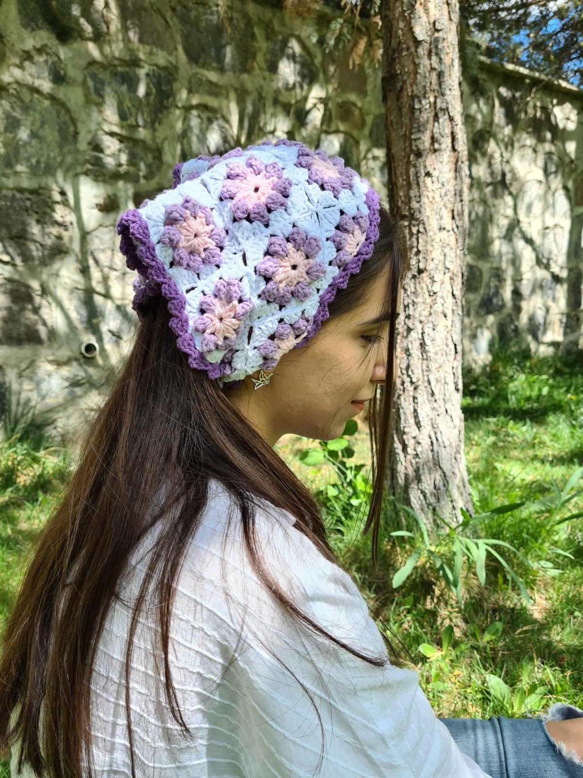 piper k calla Lily Pink Blue Crochet Floral bandana Hair Scarf Piper K Crochet Beach Crab Dangle Charm Head Scarf Bandana  main image 3