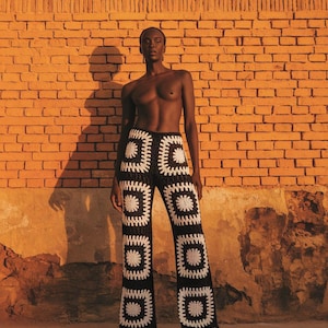 Black and white Crochet Patchwork Trousers, Boho Granny Squares Knit Pants, Beach Crochet Flare Pants, Festival Hippie Wide Leg Pants