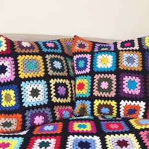 Crochet Multicolor Pillow Cover Colorful, Granny Square Crochet Pillow Cover, Cushion Cover, Granny Coloful pillow cover, Black Pillow
