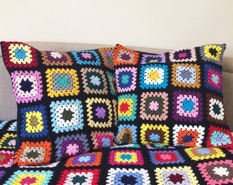 Crochet Multicolor Pillow Cover Colorful, Granny Square Crochet Pillow Cover, Cushion Cover, Granny Coloful pillow cover, Black Pillow