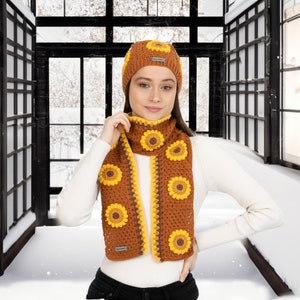 Orange Sunflower Winter Set, Hand Knit Beanie, Crochet Woman Scarf, Granny Square Scarf, crochet flower scarf, Knit Afghan Scarf image 2