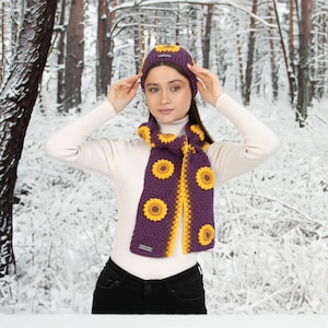 Purple Sunflower Crochet Scarf, Woman Hand Knit Scarf, Hand Knit Scarf, Crochet Woman Scarf, Granny Square Scarf, crochet flower scarf