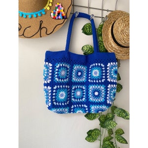 Blue Evil Eye Crochet Purse, Crochet Afghan Knit Bag, Crochet Summer Bag, Crochet Purse, Oversized Tote Bag, Woman Bag, Gift for Her