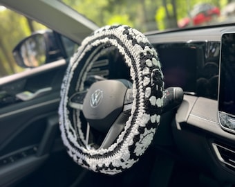 Schwarz häkeln Daisy Lenkrad Abdeckung, Smile Gesicht Blume Lenkrad Abdeckung, häkeln Accessoires Vatertag