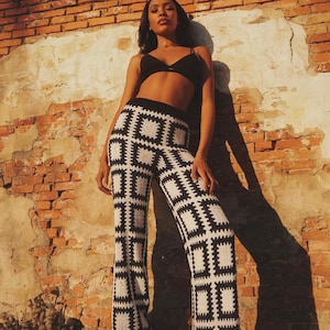Black and White Crochet Pants, Bohemian Geometric Pattern Flare Knit Pants, Handmade Women's Fashion