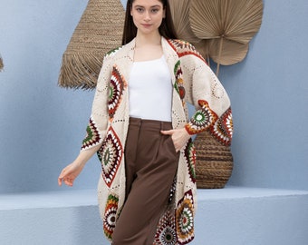 Beige Crochet Kimono, Boho Cardigan, Granny Square Afghan Cardigan, Knitted Crochet Coat, Patchwork Cardigan, Long Oversized Jacket