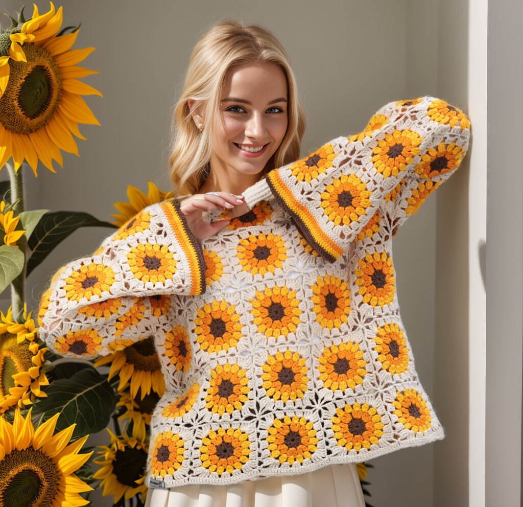 Beige Sunflower Winter Sweater, Knit Cotton Patchwork Sweater