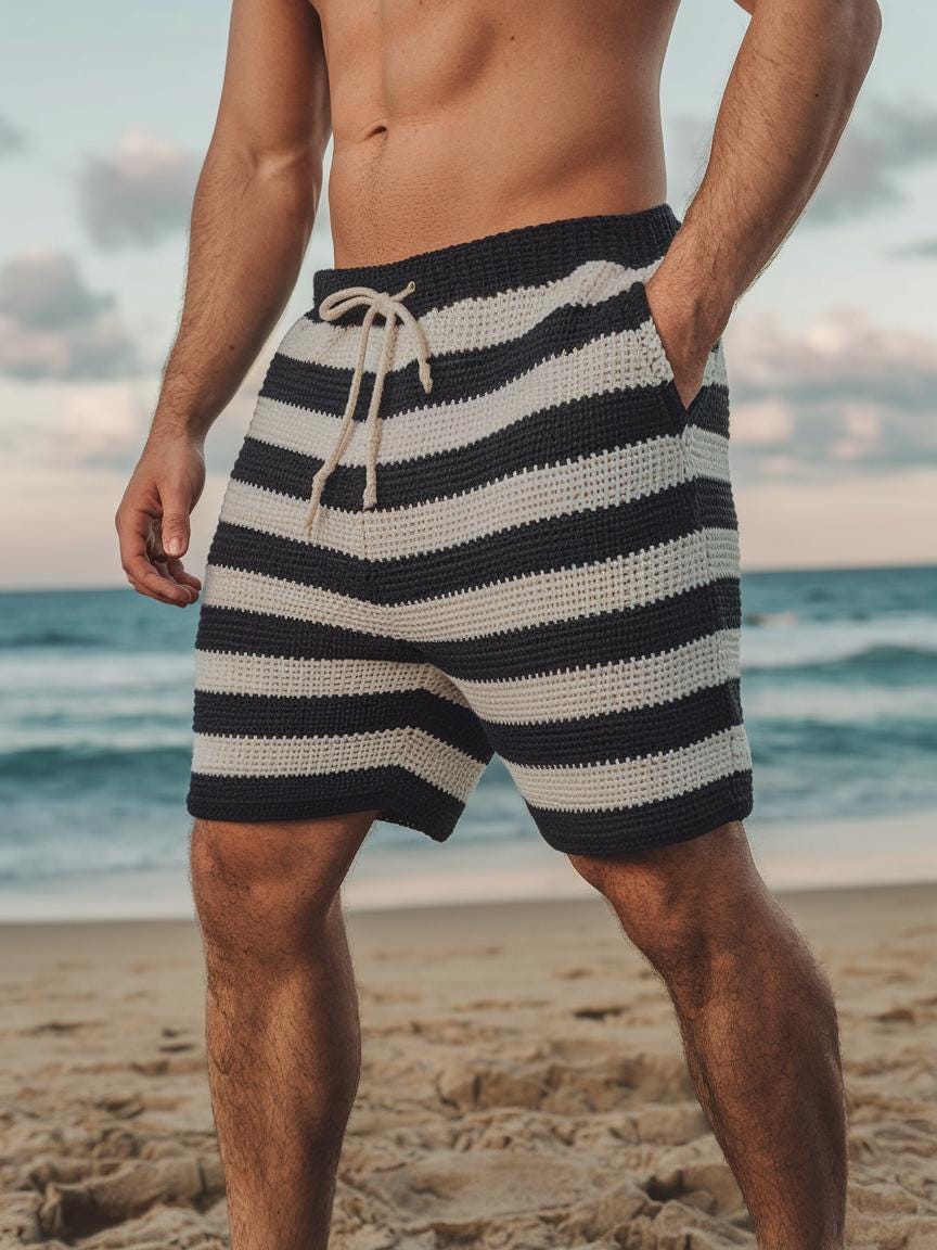 Crochet Men's Short, Knitted Black and White Summer Short