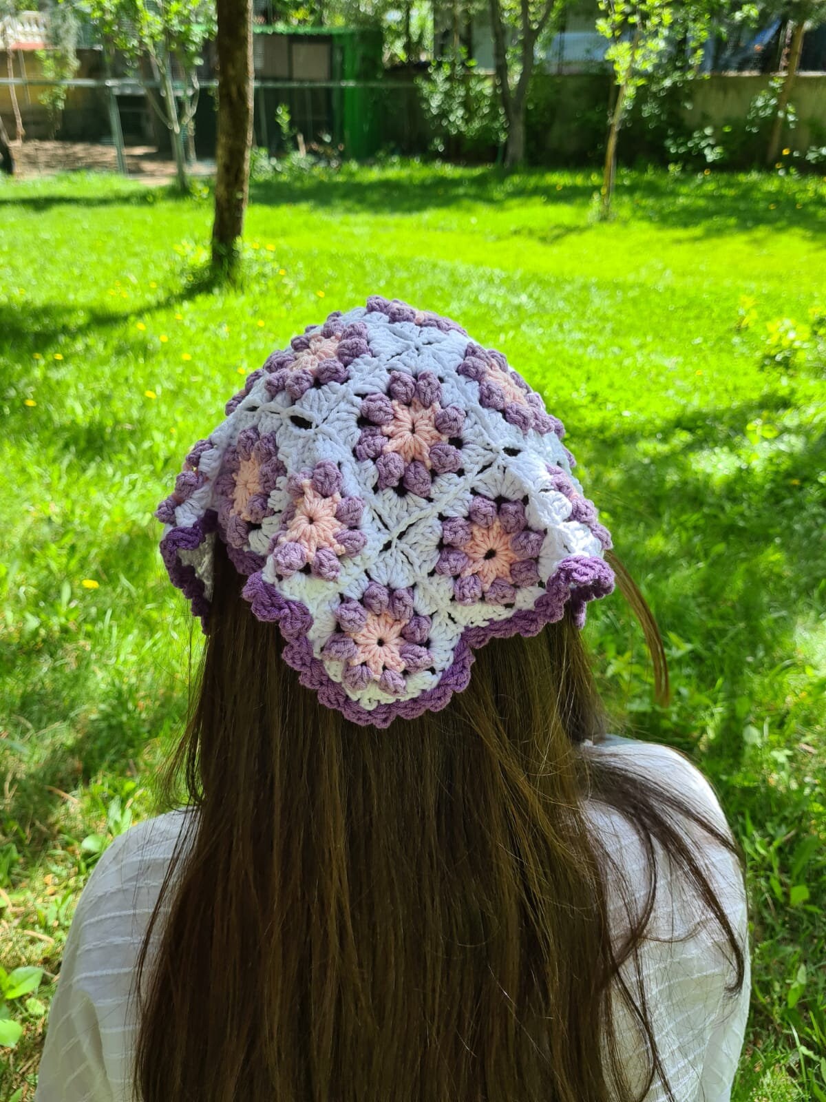 Daisy Purple Crochet Bandana, Flower Hair Kerchief, Hair 
