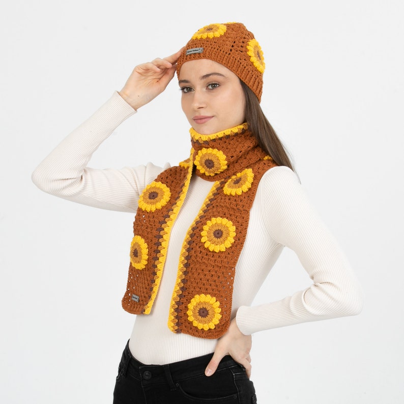Orange Sunflower Winter Set, Hand Knit Beanie, Crochet Woman Scarf, Granny Square Scarf, crochet flower scarf, Knit Afghan Scarf image 4