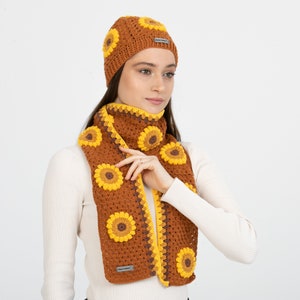 Orange Sunflower Winter Set, Hand Knit Beanie, Crochet Woman Scarf, Granny Square Scarf, crochet flower scarf, Knit Afghan Scarf image 5