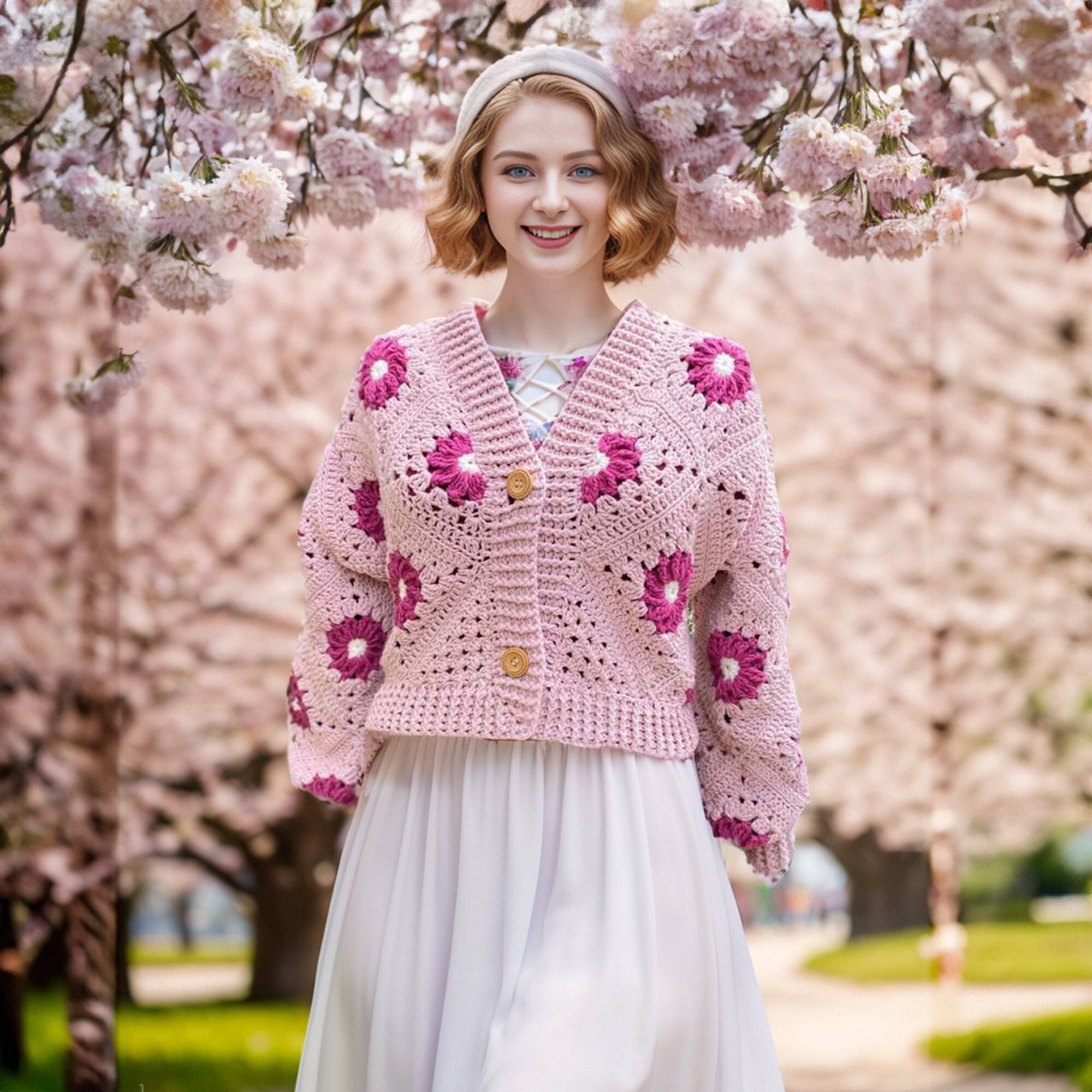 ピンクのかぎ針編みの女性用ジャケット、ニットのデイジージャケット