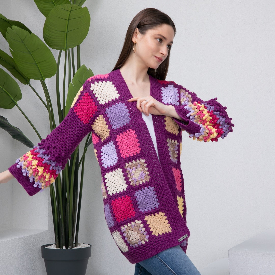 Purple Granny Square Crochet Cardigan Patchwork Jacket - Etsy