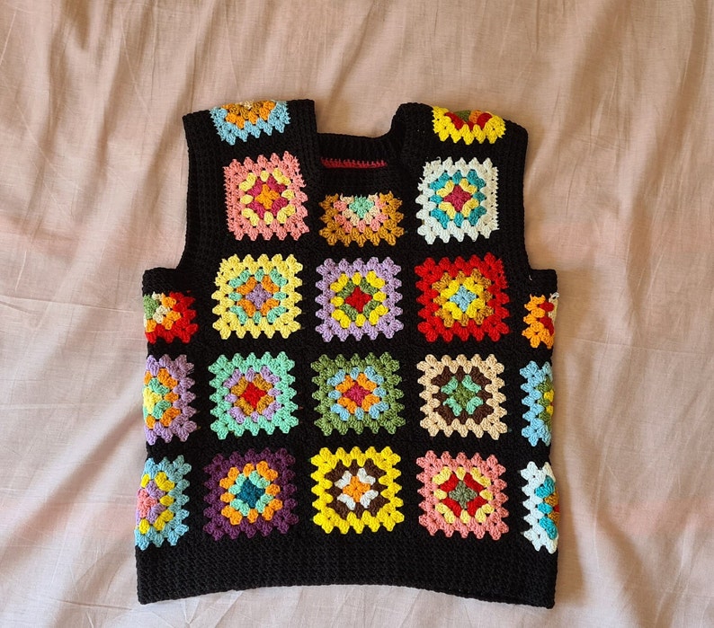 Crochet Vests, Granny Square Boho Top, Knitted Patchwork Sweater, Knitted Crochet, Boho Style Sweater, Hippie Festival Black