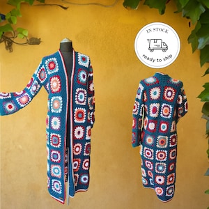 Ready to ship Long Crochet Afghan Cardigan, Granny Square Long Cotton Patchwork Cardigan, Coat Women, Women Cardigan, Oversize Crochet