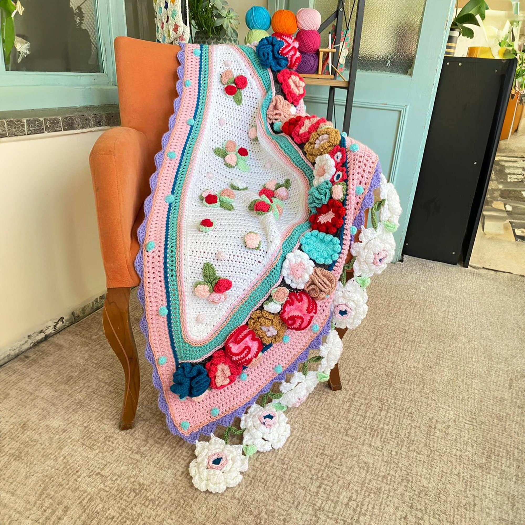 3d Floral Knitted Blanket, Knitted Colorful Throw, Knit Bedspread