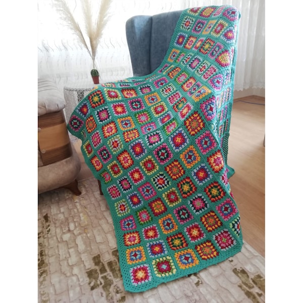 Crochet Afghan Blanket, Knitted sofa blanket, Granny Square Bedspread Throw, large crochet blanket, vintage blanket, retro blanket