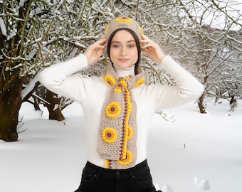 Brown Sunflower Crochet Beanie, Woman Hand Knit Hat, Hand Knit Scarf, Crochet Woman Scarf, Granny Square Scarf, knitted flower scarf set