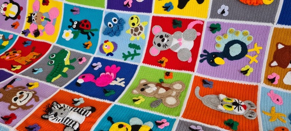 かぎ針編みの動物柄ベビーブランケット、ニットサファリ動物園の動物柄