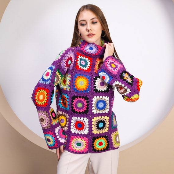 Gehaakte coltrui paarse gehaakte trui gebreide coltrui dames patchwork gebreide trui gehaakte top oma vierkant Etsy Belgie
