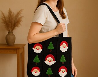 かぎ針編みのクリスマスミニトートバッグ、サンタとクリスマスツリーの