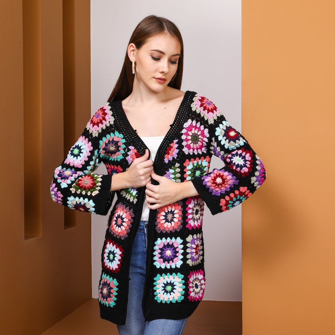 Black Crochet Cardigan, Knit Granny Square, Afghan Cardigan, Knit