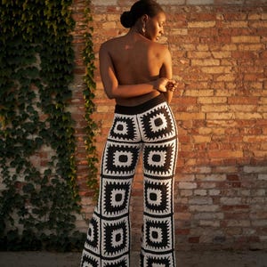 Black and White Crochet Pants, Bohemian Geometric Pattern Flare Knit Pants, Handmade Women's Fashion