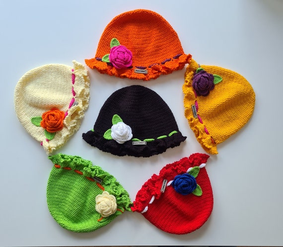 Orange Crochet Hat With Purple Flower, Handmade Ruffled Beanie