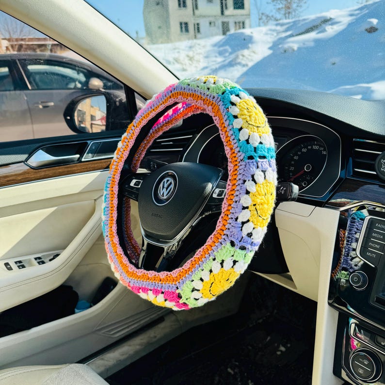 Orange Crochet Daisy Steering Wheel Cover, Daisy Flower Steering Wheel Cover, Crochet Accessories Fathers Day Rainbow