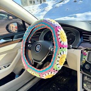 Orange Crochet Daisy Steering Wheel Cover, Daisy Flower Steering Wheel Cover, Crochet Accessories Fathers Day Pastel