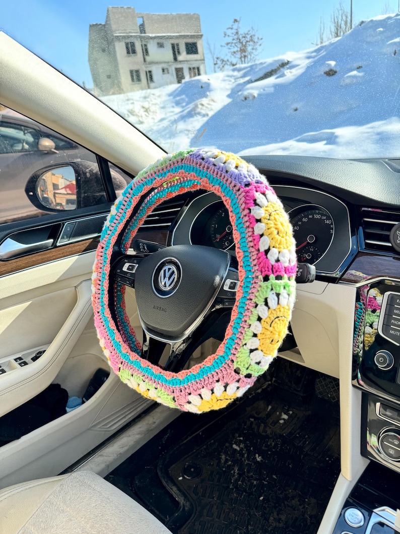 Orange Crochet Daisy Steering Wheel Cover, Daisy Flower Steering Wheel Cover, Crochet Accessories Fathers Day Pastel