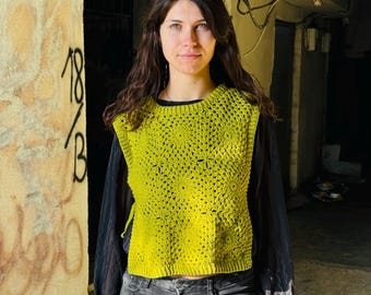 Chalecos de crochet verdes, chaleco vintage de punto, top boho de abuela con cuadrados, suéter de patchwork de punto, crochet de punto, estilo boho