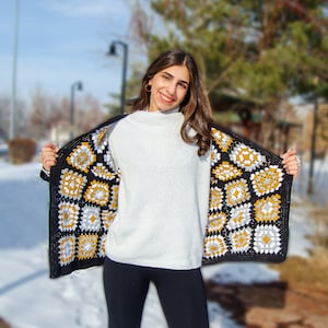 Black Afghan Cardigan, Granny Square Patchwork CottonCardigan, Knitted Crochet Coat, Boho Cardigan, Oversized Sweater, Gift her