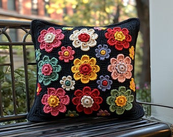 Floral Black Crochet Pillow Cover Colorful, Granny Square Crochet Pillow Cover, Cushion Cover, Granny Coloful pillow cover