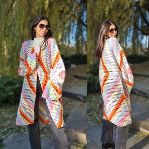 Long Crochet Ecru Afghan Coat, Granny Square Afghan Cardigan, Knitted Crochet Coat, Patchwork Cardigan, Boho Cardigan, Long Oversized Jacket