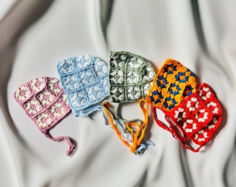 Crochet Bonnet, 5 Different Colors Bonnet, Granny Square Bonnet, Knitted Bohemian Bonnet Hat, Hand made Winter Warm Hat