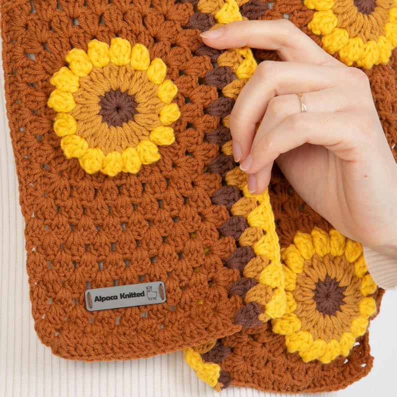 Orange Sunflower Winter Set, Hand Knit Beanie, Crochet Woman Scarf, Granny Square Scarf, crochet flower scarf, Knit Afghan Scarf image 6