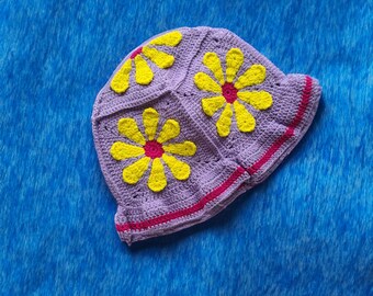 Blue Purple Crochet Knit Bucket Cap Hat Flower Vintage Y2K  display picture 3