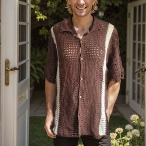 Ready to ship Brown Knitted Shirt, Crochet Unisex Shirt, Crochet summer beach shirt, Crochet Vintage Style Men Shirt, Crochet Sweater Men